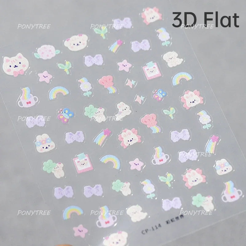 Dreamy White Lace Bowknot Purple Pink Gradual Tulip Flower Butterfly Garden Relief Adhesive Nail Art Stickers Manicure Decals (Online Order Only)