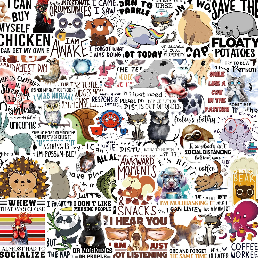 Funny Animal Quotes Stickers PVC Waterproof Skateboard Notebook Graffiti Toy 10/30/50PCS (Online Order Only)