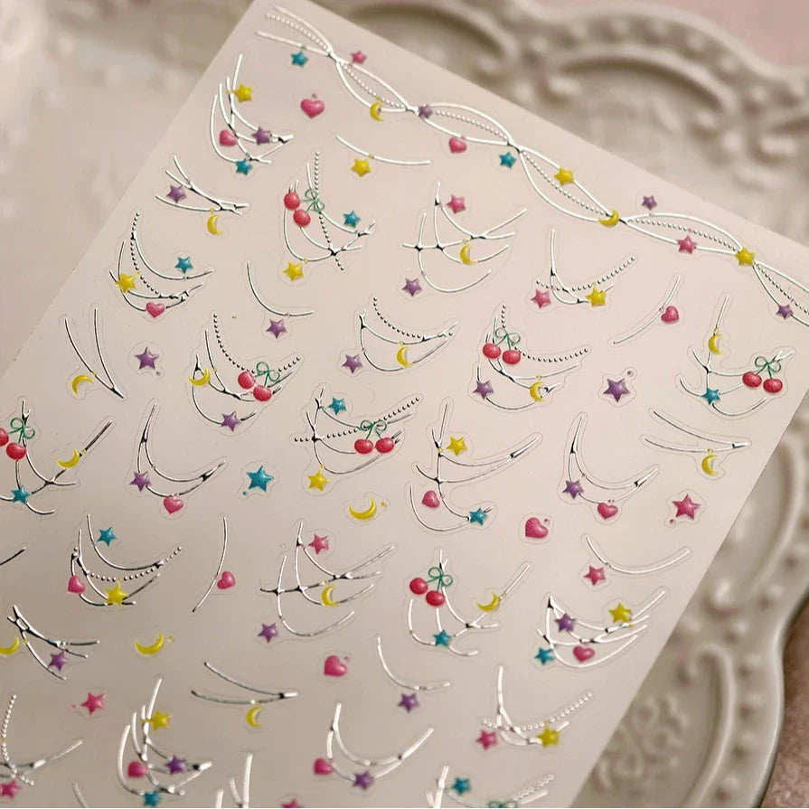 Chic Colourful Star Moon Curved Line Arc Necklace Love Heart Hanging in The Air Cherry Adhesive Nail Art Stickers Manicure Decal (Online Order Only)