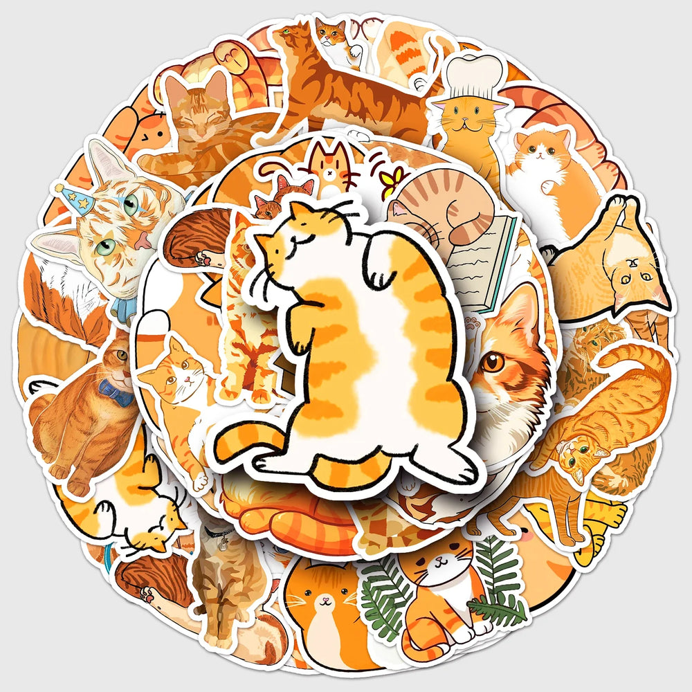 50Pcs Orange Cat Cartoon Waterproof Vinyl Stickers for Skateboard Snowboard Decals (Online Order Only)