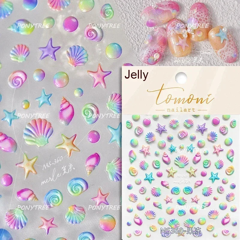 Dizzying Shell Coral Dolphin Starfish Heart Jellyfish Water Bubbles Ocean Adhesive Nail Art Decorations Stickers Manicure Decals (ONLINE ORDER ONLY)