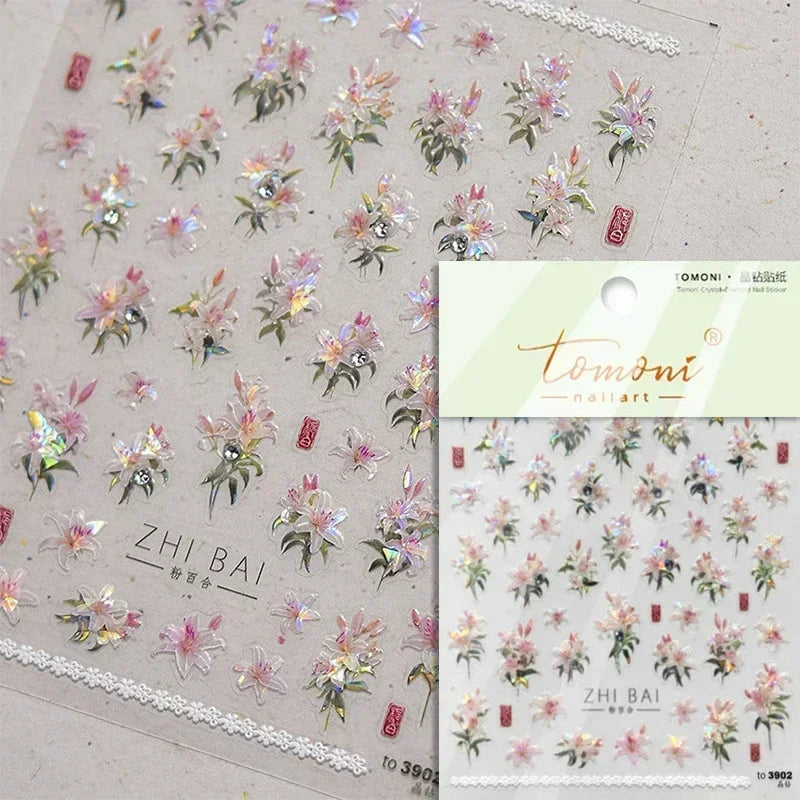 Charming Dreamy Shiny Jelly Blue Gradient Lily Flowers Rose Petal White Dot Chinese Colorful Nail Art Stickers Manicure Decals (ONLINE ORDER ONLY)