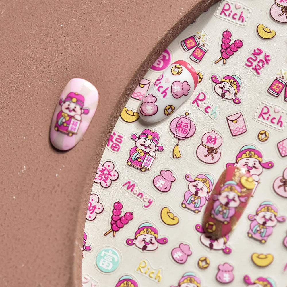 rich letter Chinese characters gourd money lantern firecracker God of wealth Yuanbao Adhesive Nail Art Stickers Manicure Decals (ONLINE ORDER ONLY)