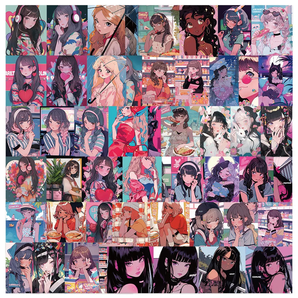 52pcs Lovely Girl Graffiti Stickers for Helmet, Wall, Desktop Decoration (Online Order Only)