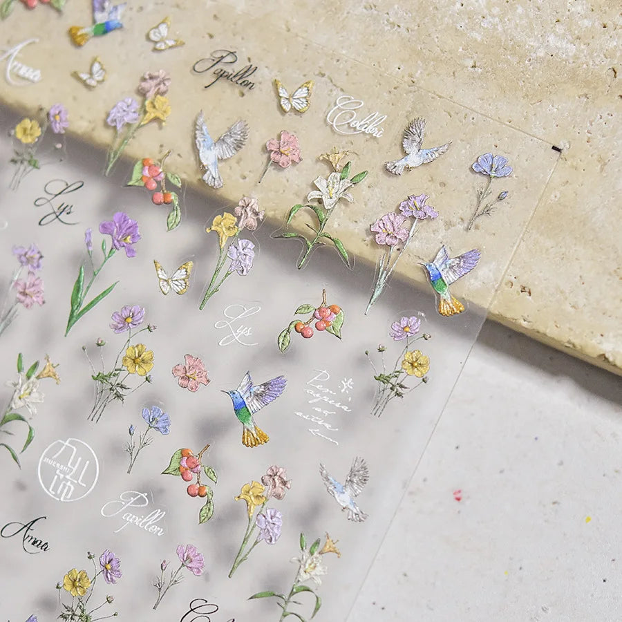 Hummingbird Iris Butterfly Peony Rose Tulip Daisy Lily Flowers Morning Glory Pearl Rhinestones Nail Art Sticker Decoration Decal (ONLINE ORDER ONLY)