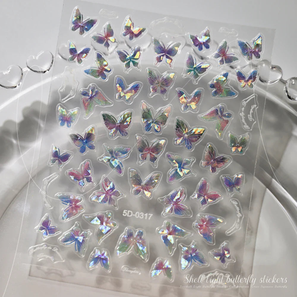 1pc Aurora Butterfly Nail Stickers Pink Butterfly Shell Light Beam Angel Wings Sliders Fairy Light & Lively Translucent Nail Dec (ONLINE ORDER ONLY)