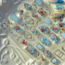 Chic Retro Rose Photo Frame Dried Flower Petal Self Adhesive Nail Art Stickers 5D Hot Stamping Relief Rhinestone Manicure Decals (Online Order Only)