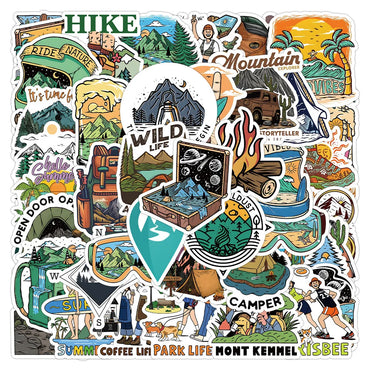 10/30/50pcs Camping Hiking Stickers Outdoor Travel Stickers Waterproof Cars Skateboard Motorcycle Bike Cartoon Sticker Kids Toy (ONLINE ORDER ONLY)