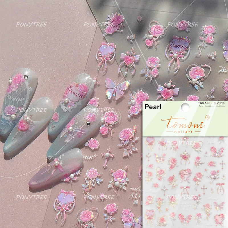 Cute Spring Flowers Purple Blue White Bowknot Rose Garden Daisy 5D Soft Embossed Relief Adhesive Nail Art Sticker Manicure Decal (ONLINE ORDER ONLY)