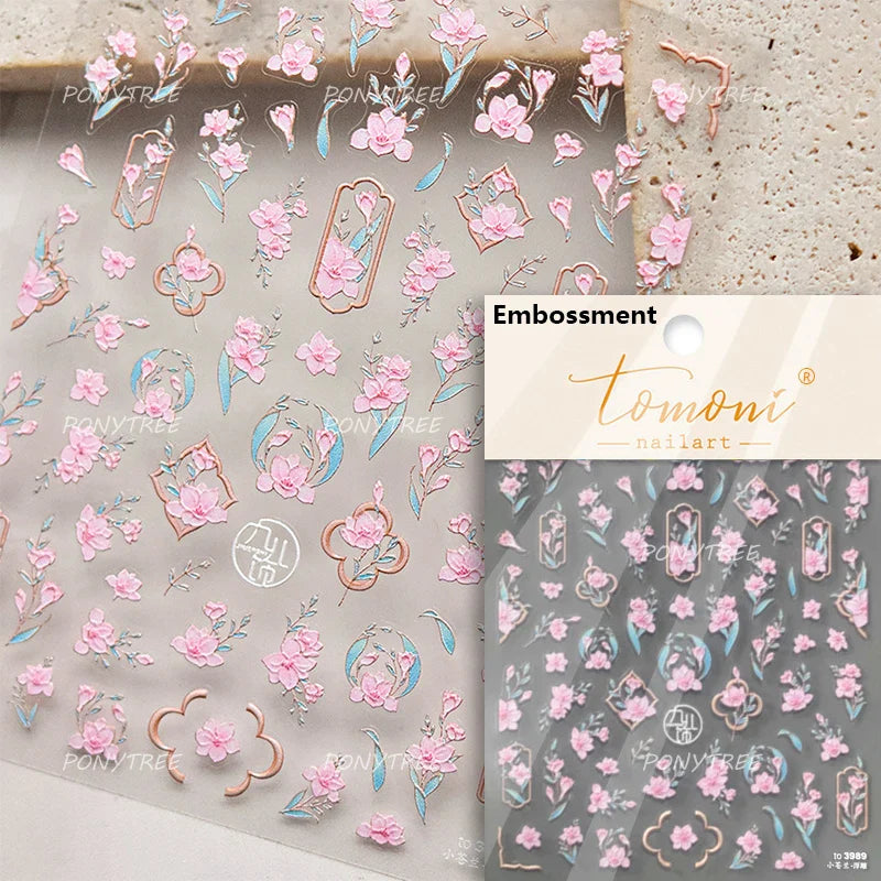 Romantic Pink Peach Blossom Tower Circular Fan Hollowed Window Tassel Pendant Antique Tree Chic Nail Art Stickers Manicure Decal (ONLINE ORDER ONLY)