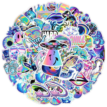10/50/100pcs Cute Holographic Laser Style Aesthetic Stickers For Water Bottle Luggage Laptop Phone Waterproof Graffiti Decals (Online Order Only)