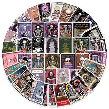 10/50PCS Cartoon Skull Reading Book Tarot Cards Sticker DIY Decoration PVC Waterproof Skateboard Notebook Graffiti Sticker Toy (Online Order Only)