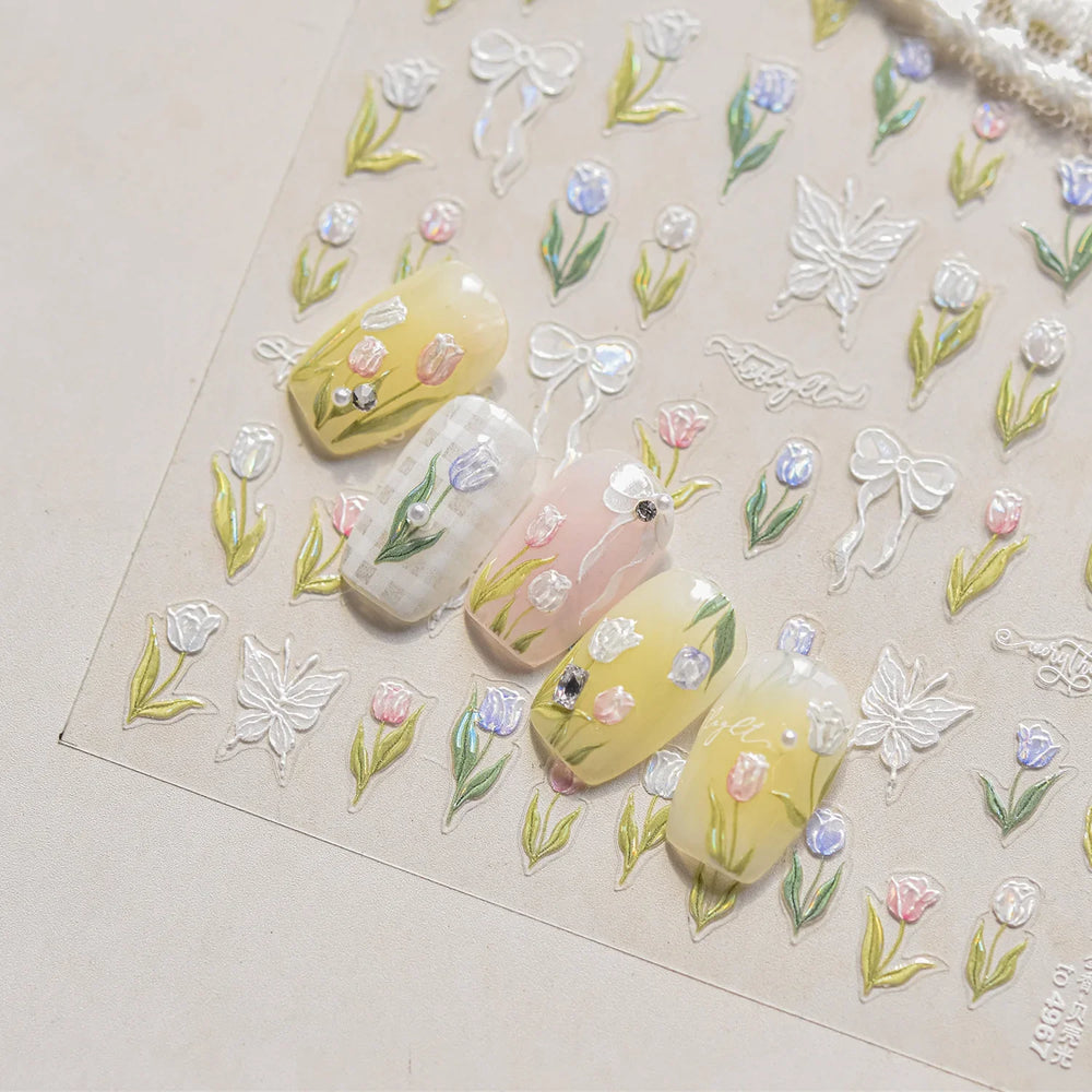 Dreamy White Lace Bowknot Purple Pink Gradual Tulip Flower Butterfly Garden Relief Adhesive Nail Art Stickers Manicure Decals (Online Order Only)