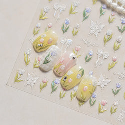 Dreamy White Lace Bowknot Purple Pink Gradual Tulip Flower Butterfly Garden Relief Adhesive Nail Art Stickers Manicure Decals (Online Order Only)