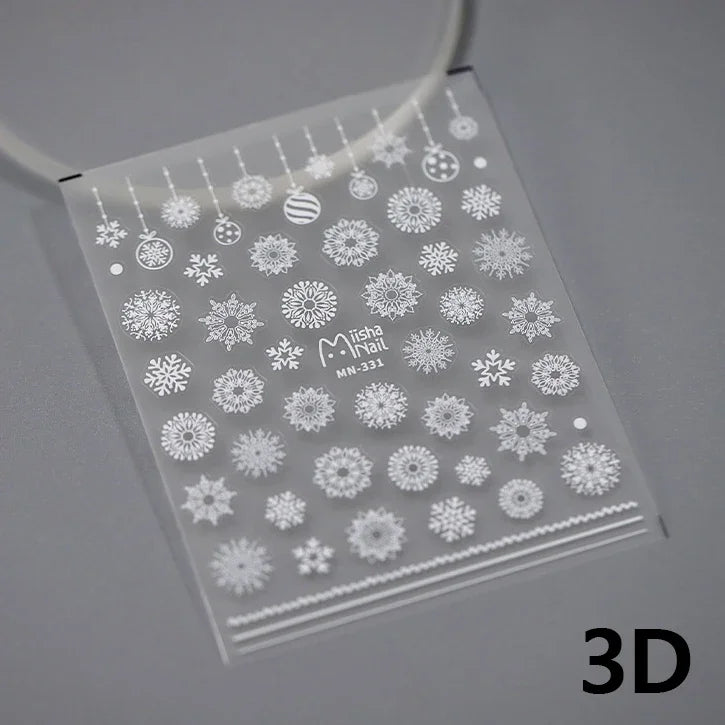 Winter Dreamy Hot Stamping Romantic White Pink Snowflakes Hexagon 3D Self Adhesive Nail Art Stickers Christmas Manicure Decals (ONLINE ORDER ONLY)