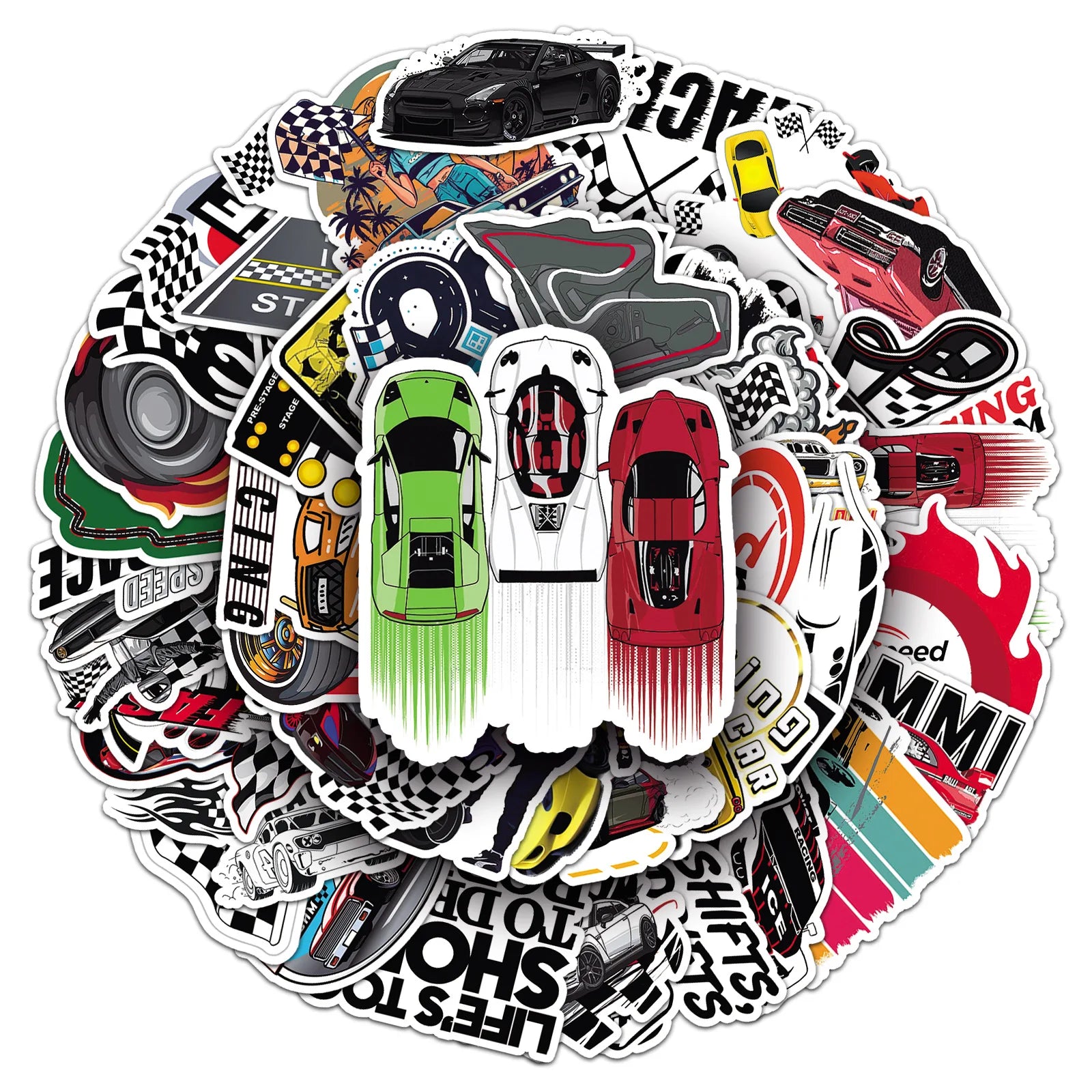 Motor Racing Cartoon Stickers: Car, Bike, Laptop, Phone, Skateboard Decals (ONLINE ORDER ONLY)