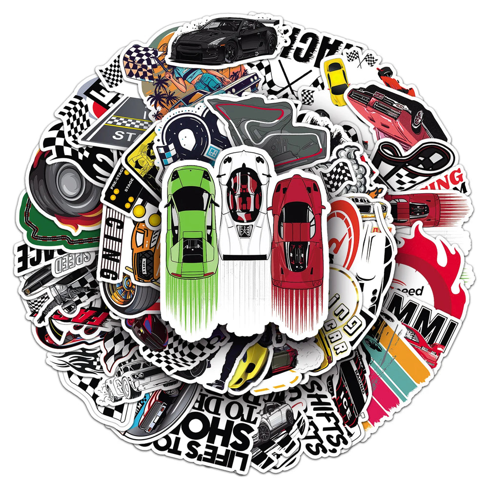 Motor Racing Cartoon Stickers: Car, Bike, Laptop, Phone, Skateboard Decals (ONLINE ORDER ONLY)