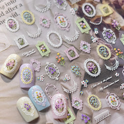 Retro European Flower Frame Gypsophila Bouquet Garden Charming Tulip Lavender Daisy Delicate Nail Art Stickers Manicure Decals (ONLINE ORDER ONLY)