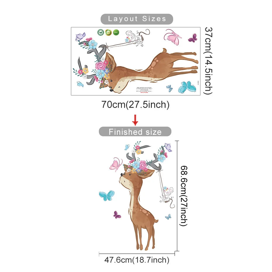 Cartoon Sika Deer Butterfly Flower Wall Stickers Nursery Vinyl Decals Kids Room Decor (ONLINE ORDER ONLY)