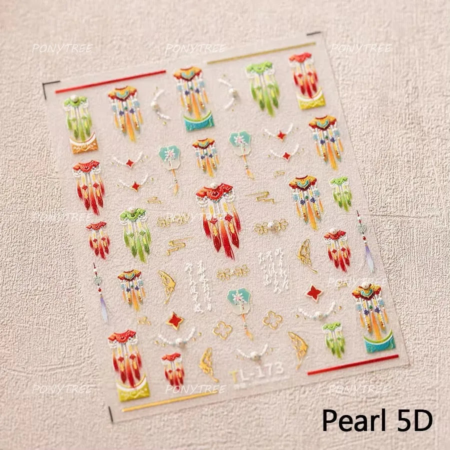 Embroidery Yunjin Brocade Tassels Bowknot Butterfly Flower Rose Camellia Adhesive Nail Art Stickers Rhinestone Manicure Decals (Online Order Only)