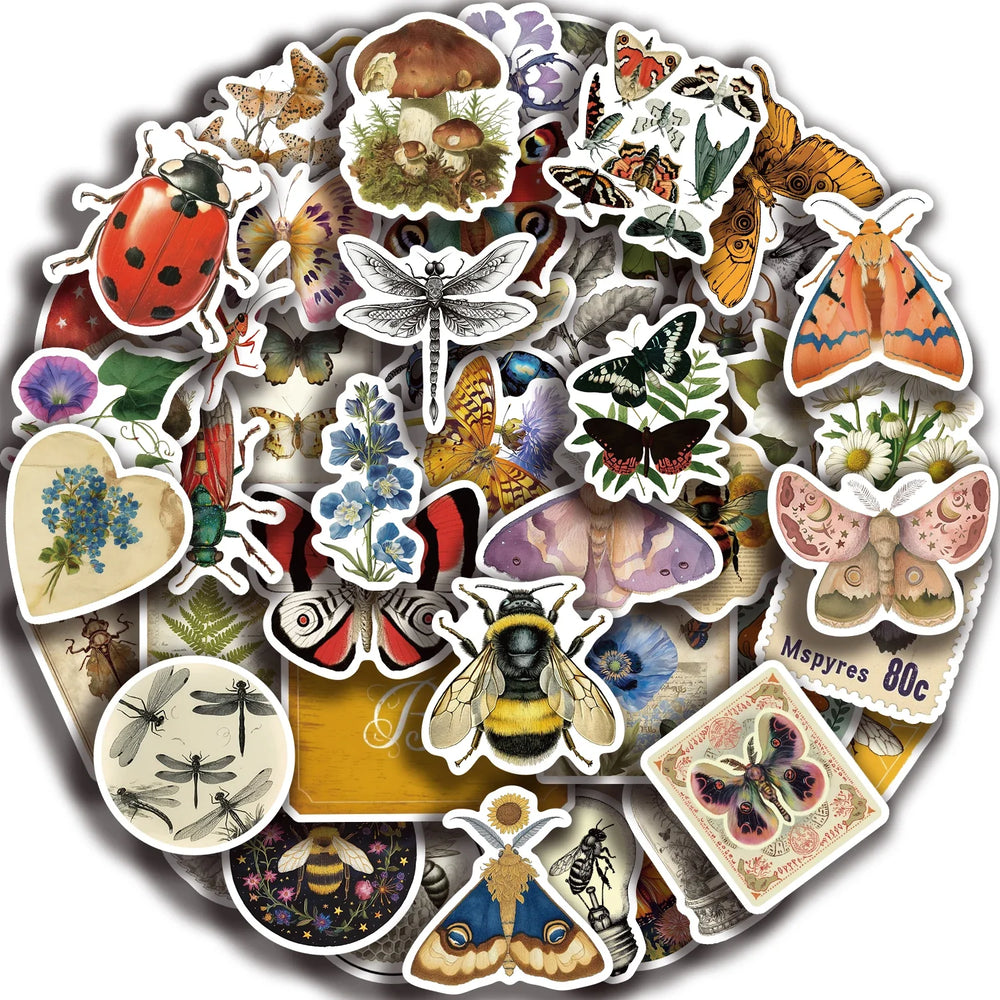 50pcs Retro Insects Stickers Toys Cute Animals Cartoon Decals For Kids DIY Laptop Scrapbook Stationery Fridge Funny Sticker (Online Order Only)