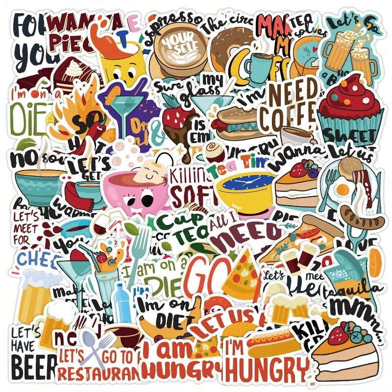 50pcs Cute Cartoon Dining Stickers for Helmet, Desktop, Wall Decoration, DIY Pack Wholesale (ONLINE ORDER ONLY)