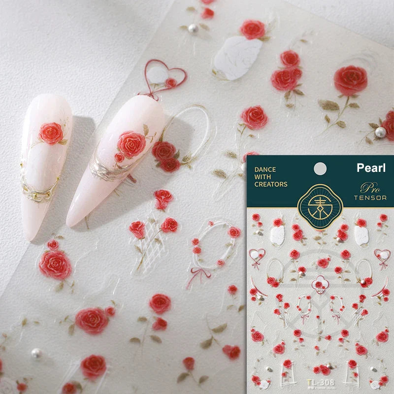 Rose Flower Bouquet Wreath Lace Green Leaves Beautiful Floret Heart Rich Adhesive Nail Art Decorations Stickers Manicure Decals (ONLINE ORDER ONLY)
