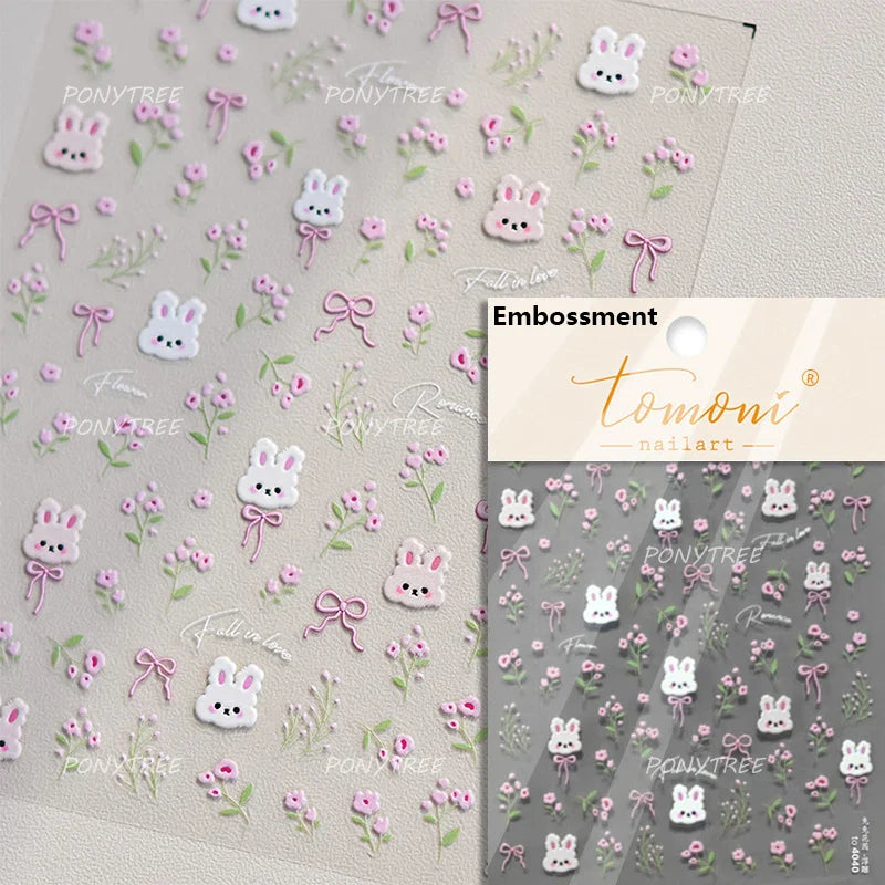 Flower Garland Lovely Bunny Rabbit Floral Wreath Bowknot Frame Spring Charm Heart 5D Adhesive Nail Art Stickers Manicure Decals (ONLINE ORDER ONLY)