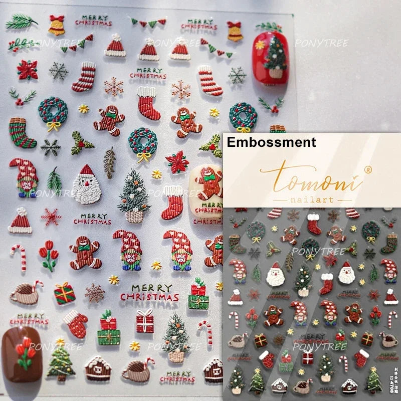 Santa's Hat Candy Santa Claus Christmas Tree Bell Elk 5D Self Adhesive Nail Art Stickers Button Snowflake Cherry Manicure Decals (ONLINE ORDER ONLY)