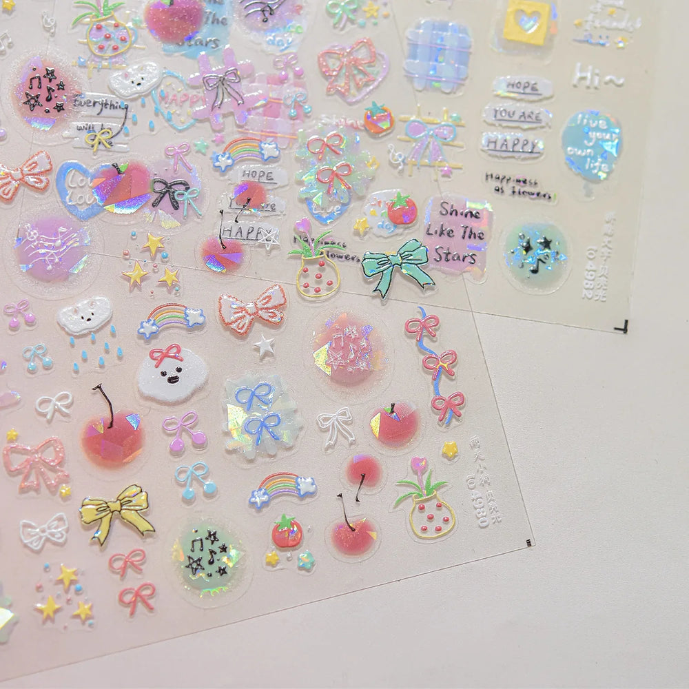 Dyeing Apple Cherry Fruit Dog Puppy Bowknot Colorful Cartoon Graffiti Reliefs Adhesive Nail Art Stickers Flowers Manicure Decals (ONLINE ORDER ONLY)