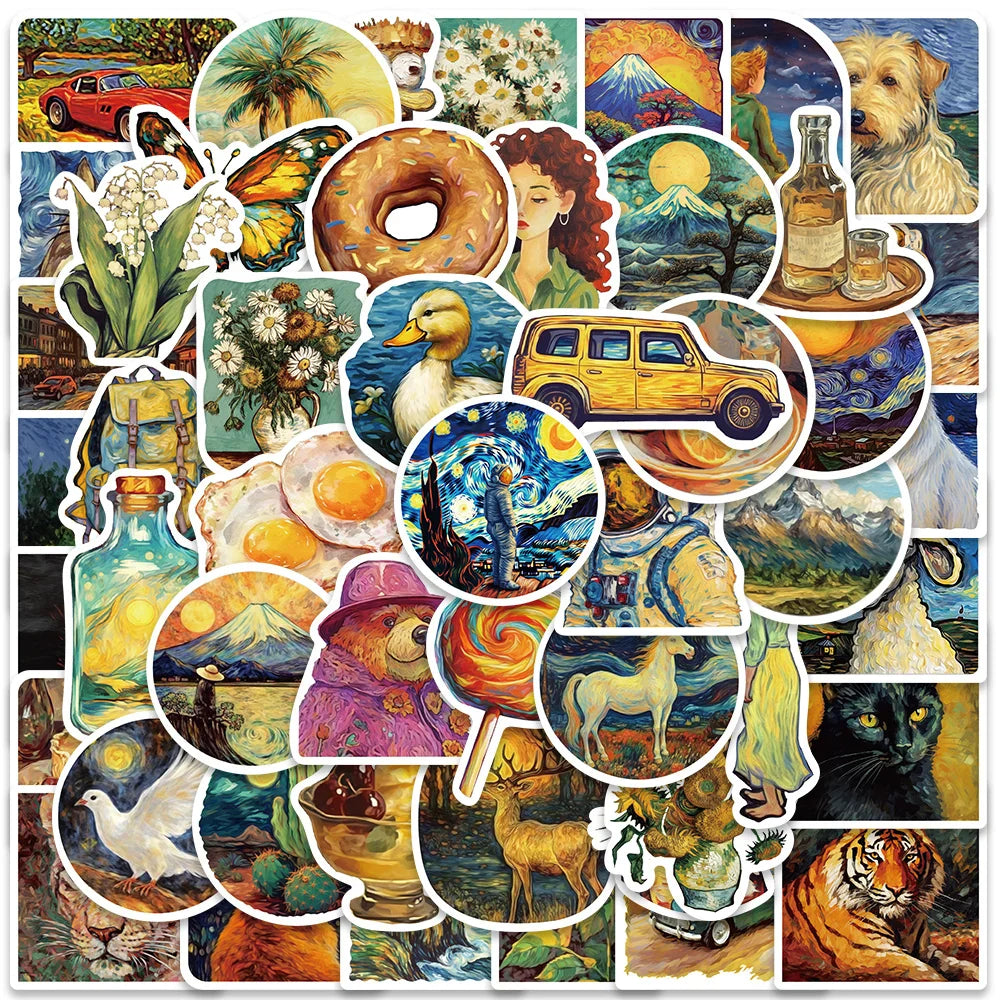 50pcs Van Gogh Style Art Stickers Vinyl Decals for Laptop Scrapbook Notebook Decor Wholesale (ONLINE ORDER ONLY)