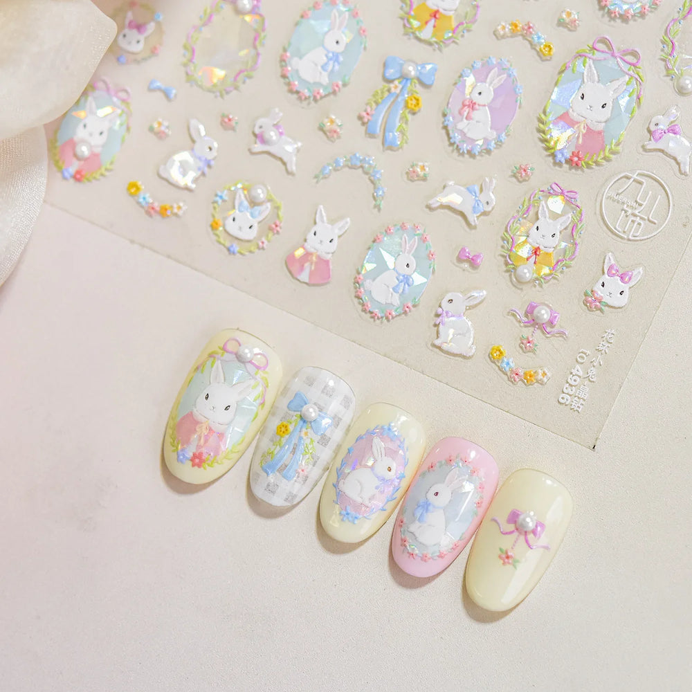 Flower Garland Lovely Bunny Rabbit Floral Wreath Bowknot Frame Spring Charm Heart 5D Adhesive Nail Art Stickers Manicure Decals (ONLINE ORDER ONLY)