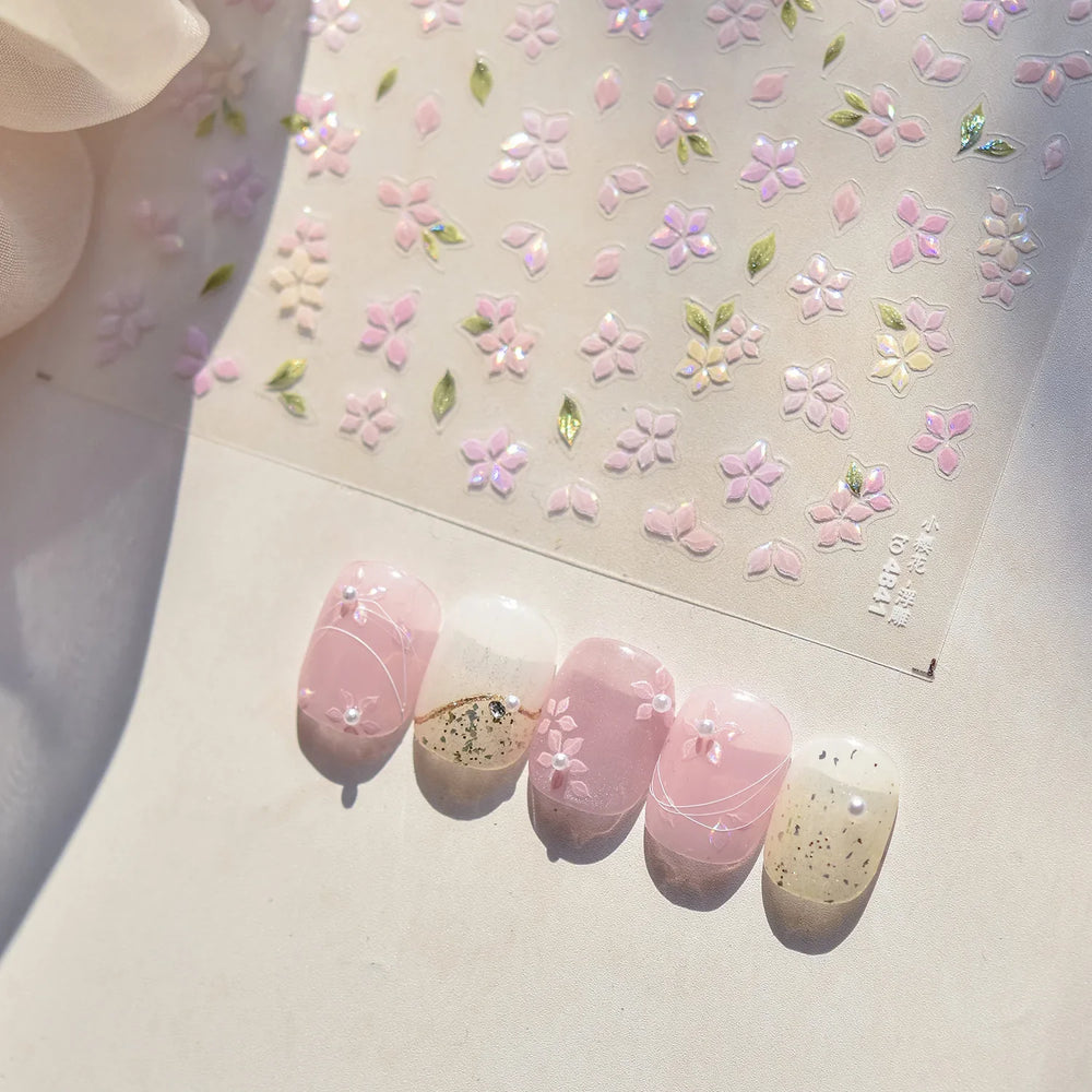 Pink Cherry Blossoms Peach Flower Petal Green Leaf Greenery 5D Embossed Relief Self Adhesive Nail Art Sticker 3D Manicure Decals (ONLINE ORDER ONLY)