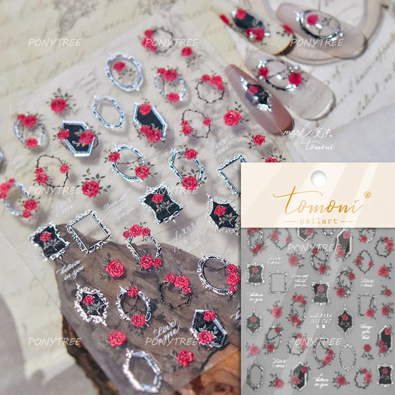 Pink Rose Flower Rambler Heart Bowknot Butterfly Shiny Soft Relief Adhesive Nail Art Stickers Romantic Spring 3D Manicure Decals (ONLINE ORDER ONLY)