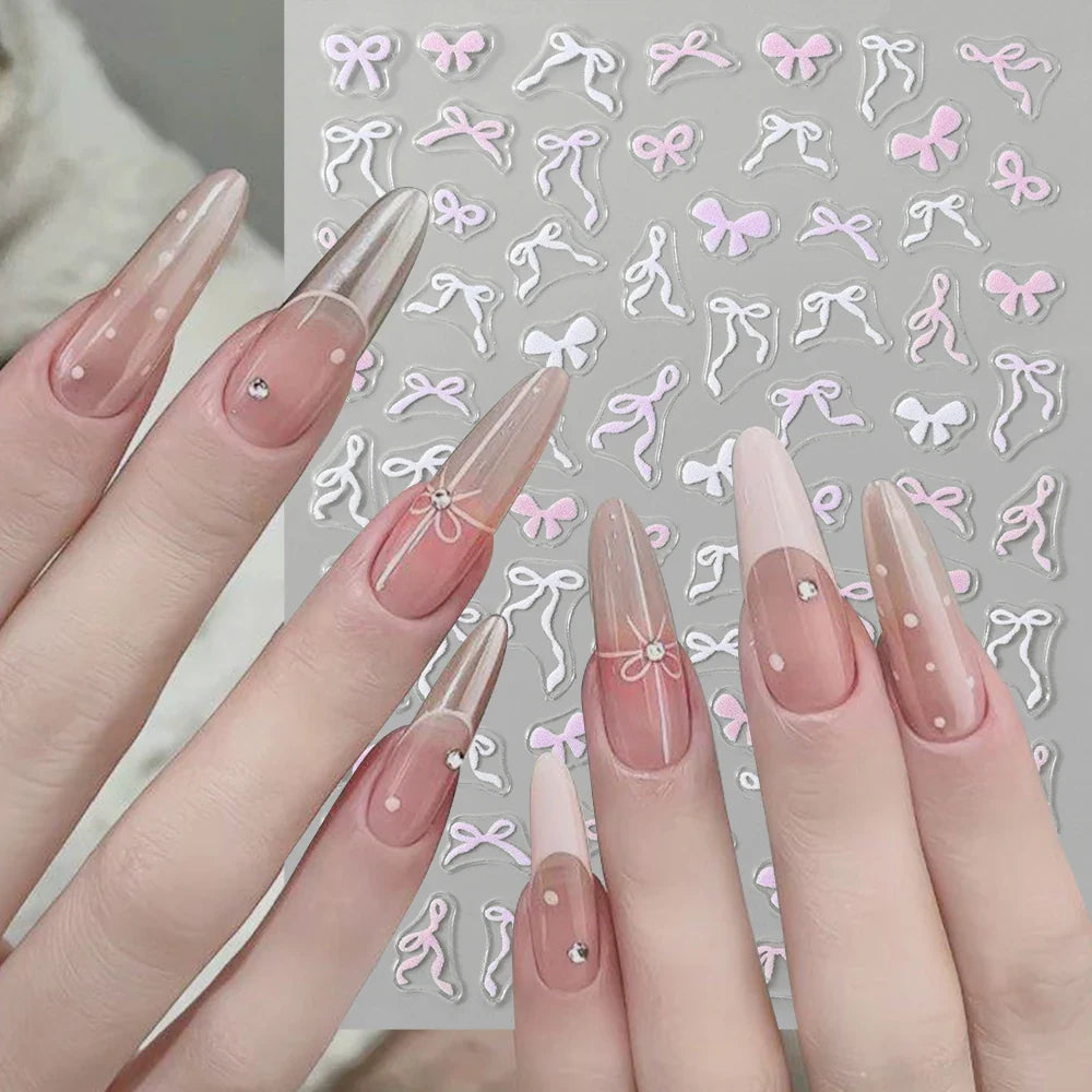 1Sheet Pink/White/Black Bow 5D Nail Art Stickers Bowknot Self-Adhesive Slider Romantic Lace Ribbon Valentine's Manicure Decals * (Online Order Only)
