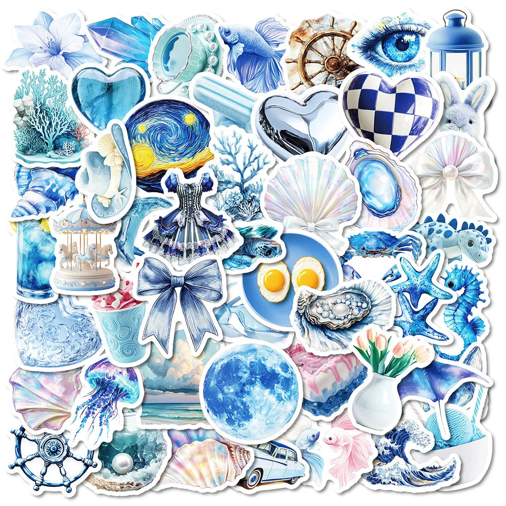 Blue Aesthetic Ocean Stickers: 10/30/50pcs Cute Decals for Notebook, Fridge, Laptop, Toy (Online Order Only)