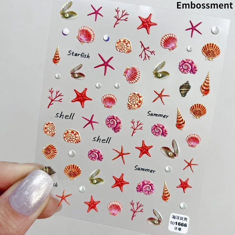 Summer Beach Ocean Shell Starfish Clams Conch Stars Sea Bubble Seasnail Soft Relief Decoration Nail Art Stickers Manicure Decals (ONLINE ORDER ONLY)