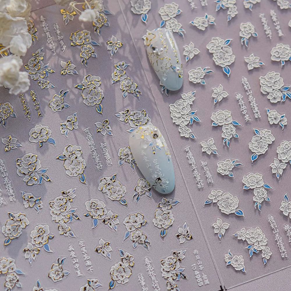 Camellia Tea After Rain Fragrant Flower Paint in Gold White Antique Chinese Characters Adhesive Nail Art Stickers Manicure Decal (ONLINE ORDER ONLY)