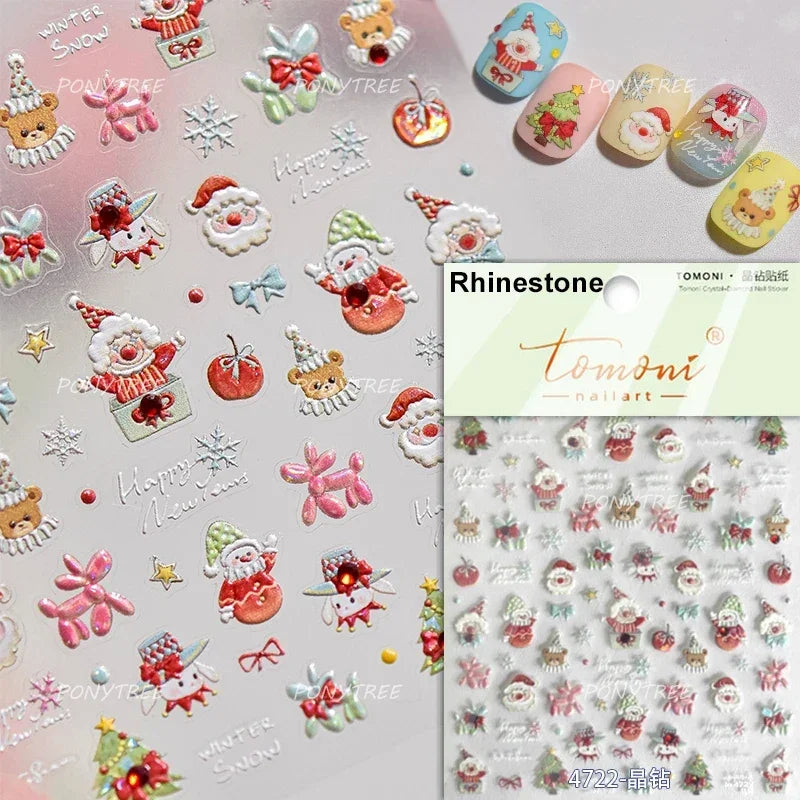 Apple Bear Bunny Snowman Winter Tree Bell Dog Self Adhesive Nail Art Stickers Snowflake Santa Claus Rhinestone Manicure Decals (ONLINE ORDER ONLY)