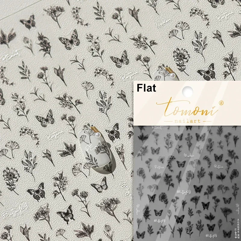 Charming Beautiful Black White Small Butterfly Flower Petal Love Heart Bowknot 5D Self Adhesive Nail Art Sticker Manicure Decals (Online Order Only)