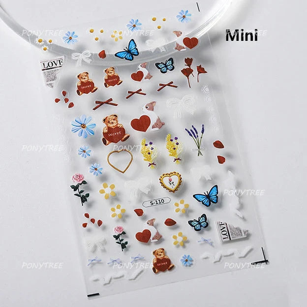 Lovely Bear Strawberry Cake Rose Flower Grid Block Bowknot Embossed Relief Self Adhesive Nail Art Sticker Cute 3D Manicure Decal (ONLINE ORDER ONLY)