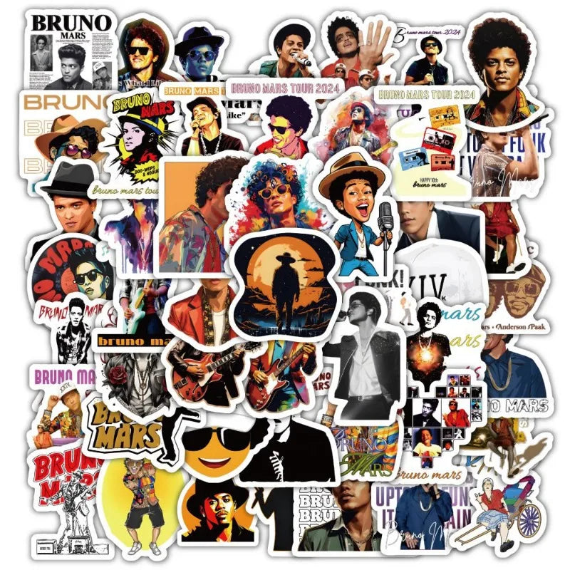 Bruno Mars Cartoon Stickers 60pcs for Laptop, Phone, Scooter, Water Bottle, Suitcase, Refrigerator (ONLINE ORDER ONLY)