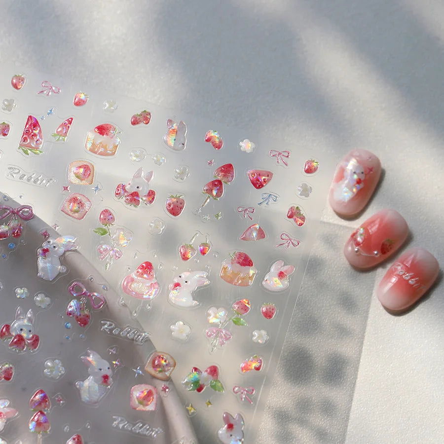 Cute White Rabbit Bunny Strawberry Flower Pudding Star Bowknot Fruit Delicate Adhesive Nail Art Sticker Charming Manicure Decal (Online Order Only)