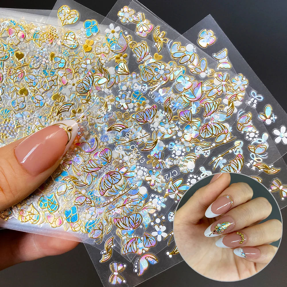 20Pcs Holographic Butterfly Nail Sticker Laser Gold & Sliver Butterfly Adhesive Decal 8.5x6cm 3D Glitter Foil DIY Manicure Decor (Online Order Only)