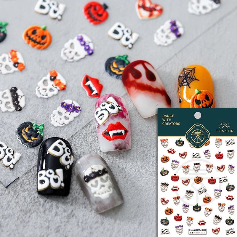 Halloween Ghost Pumpkin Bat Coffin Cat Spider Demon Jelly Self Adhesive Nail Art Sticker Terrifying Candy Candle Manicure Decals (ONLINE ORDER ONLY)