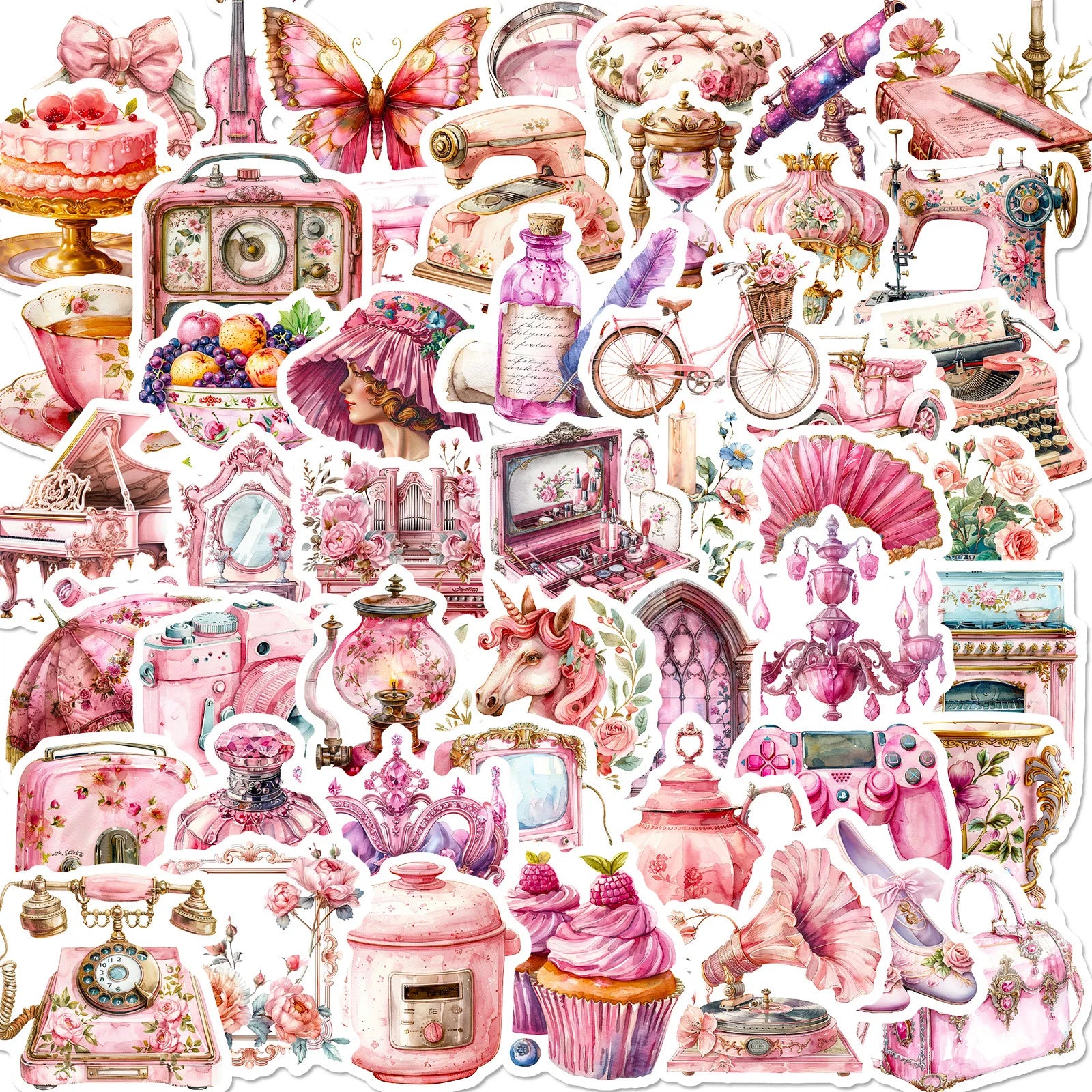 Mixed Pink Retro Stickers for DIY Scrapbooking, Notebook, Laptop, Phone, Water Bottle, Helmet (10/25/50pcs) (ONLINE ORDER ONLY)