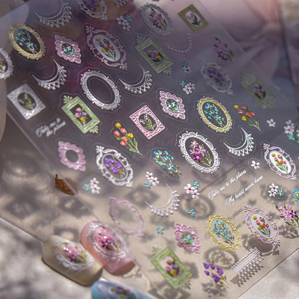 Retro European Flower Frame Gypsophila Bouquet Garden Charming Tulip Lavender Daisy Delicate Nail Art Stickers Manicure Decals (ONLINE ORDER ONLY)