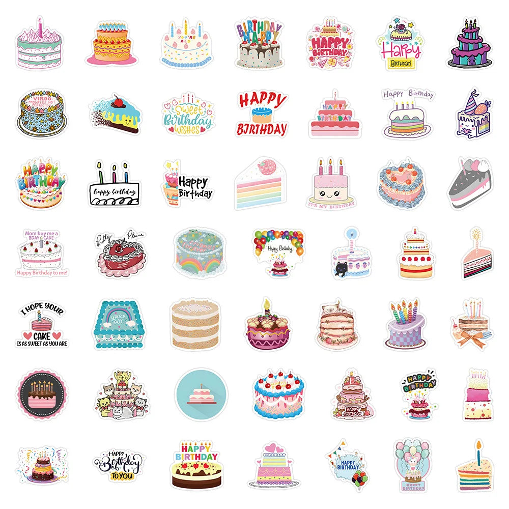 50pcs Cartoon Birthday Cake Stickers Waterproof for Laptop, Phone, Helmet, Luggage, Car, Notebook, Kids DIY Decor (Online Order Only)
