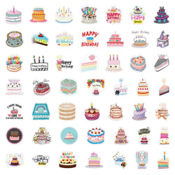 50pcs Cartoon Birthday Cake Stickers Waterproof for Laptop, Phone, Helmet, Luggage, Car, Notebook, Kids DIY Decor (Online Order Only)