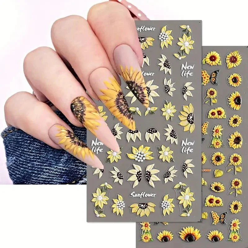1pc Chic Sunflower 5D Nail Art Stickers Self-Adhesive Waterproof & Sustainable Decals for DIY Manicure Perfect for All Seasons * (ONLINE ORDER ONLY)